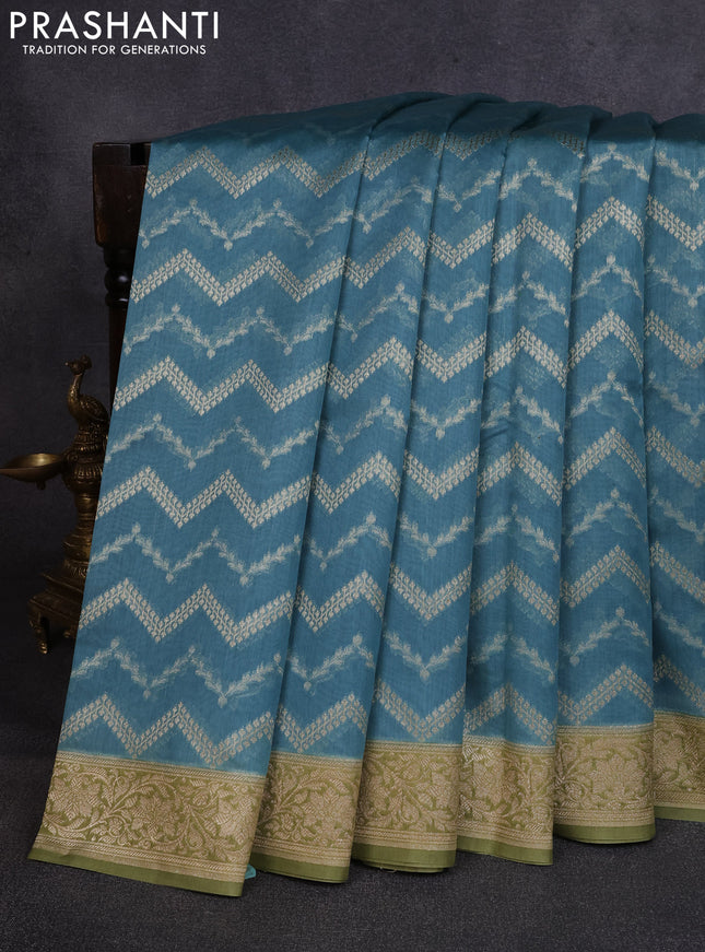 Banarasi silk cotton saree bluish grey and pastel green with allover thread & zari weaves and woven border