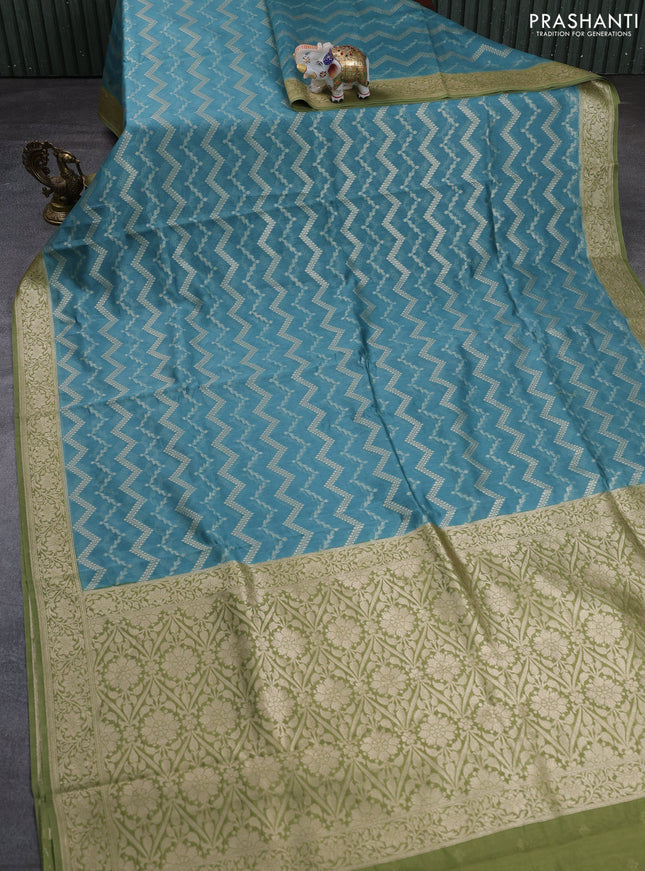 Banarasi silk cotton saree bluish grey and pastel green with allover thread & zari weaves and woven border