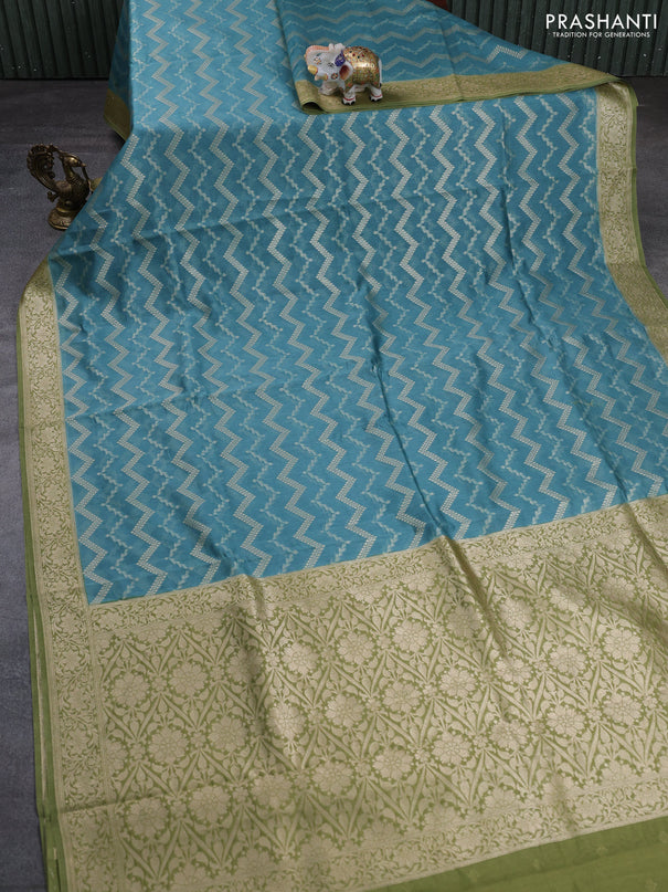 Banarasi silk cotton saree bluish grey and pastel green with allover thread & zari weaves and woven border