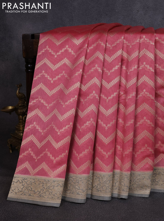 Banarasi silk cotton saree peach pink and grey with allover thread & zari weaves and woven border