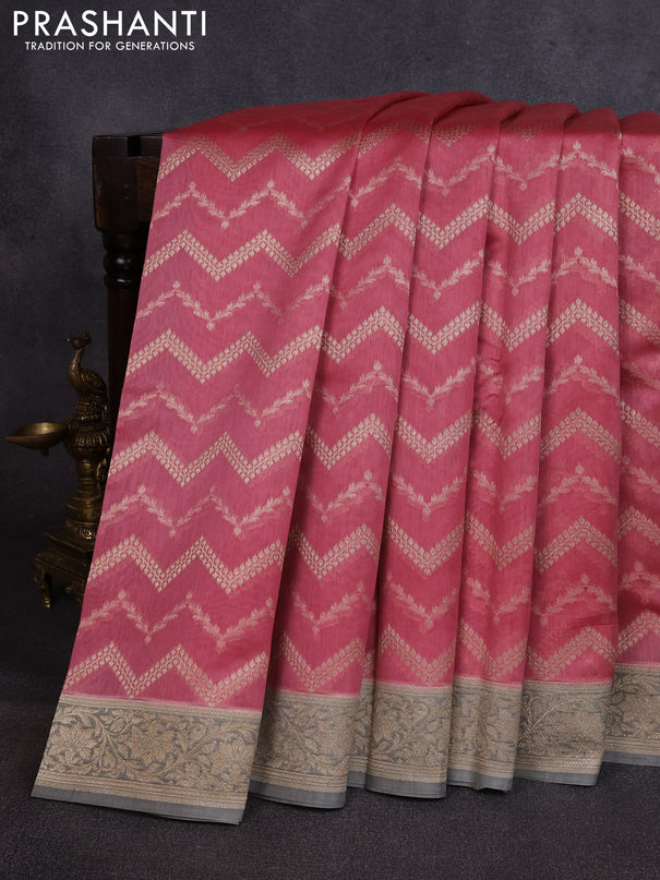 Banarasi silk cotton saree peach pink and grey with allover thread & zari weaves and woven border