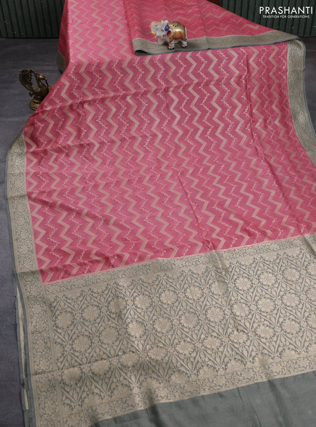 Banarasi silk cotton saree peach pink and grey with allover thread & zari weaves and woven border