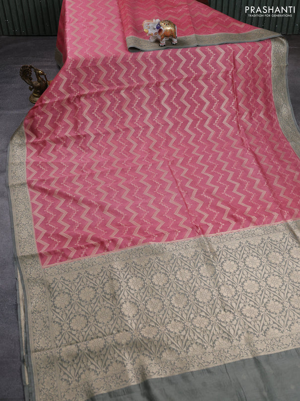 Banarasi silk cotton saree peach pink and grey with allover thread & zari weaves and woven border