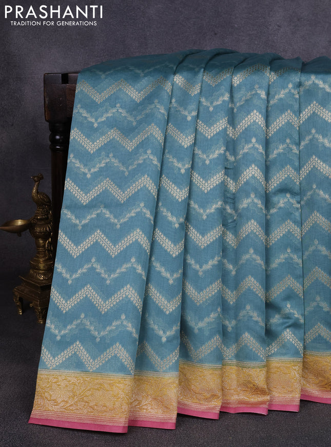 Banarasi silk cotton saree bluish grey and peach pink with allover thread & zari weaves and woven border