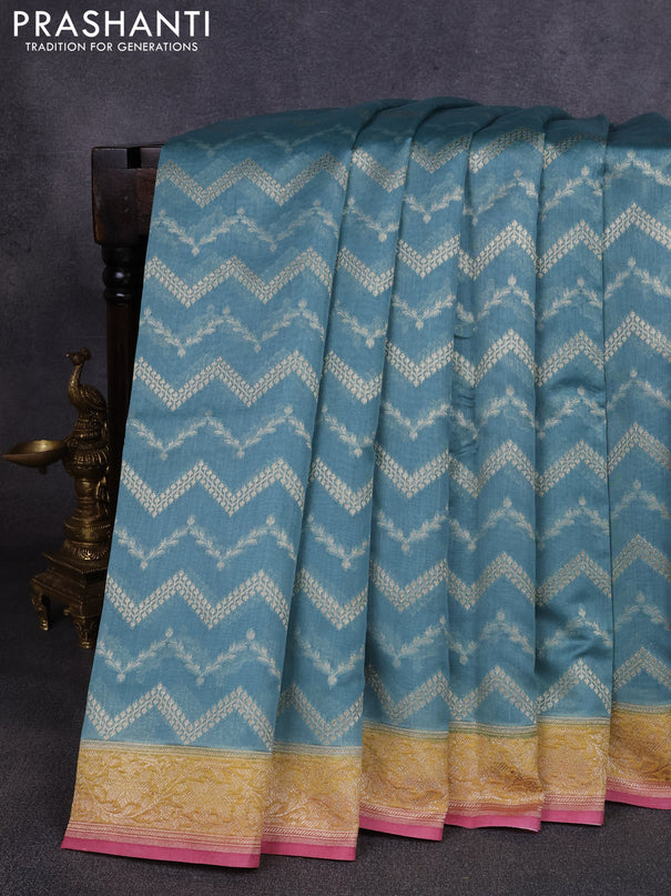 Banarasi silk cotton saree bluish grey and peach pink with allover thread & zari weaves and woven border