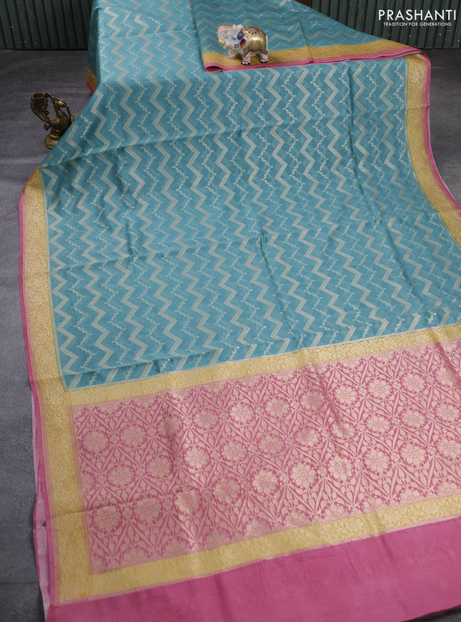Banarasi silk cotton saree bluish grey and peach pink with allover thread & zari weaves and woven border