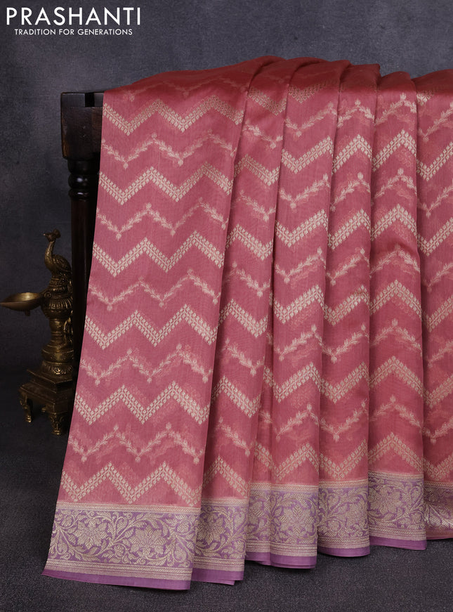 Banarasi silk cotton saree dark peach and pastel purple with allover thread & zari weaves and woven border