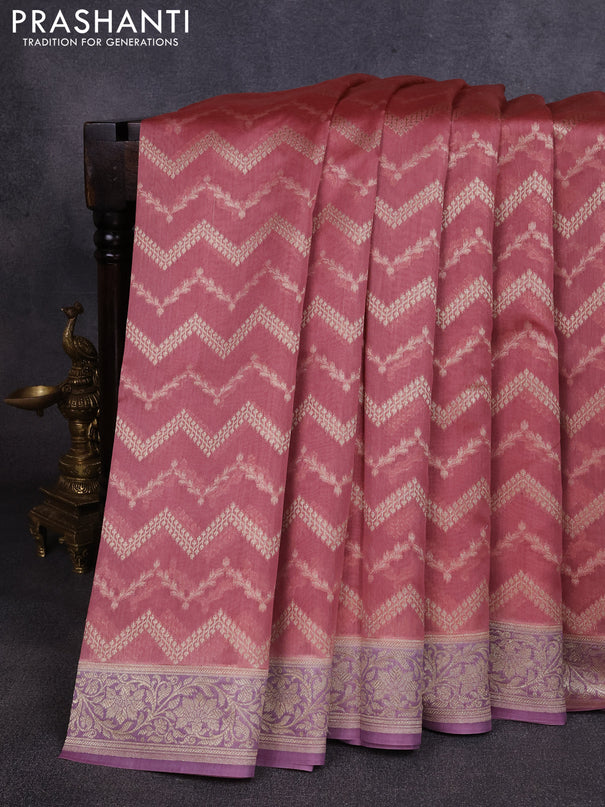 Banarasi silk cotton saree dark peach and pastel purple with allover thread & zari weaves and woven border