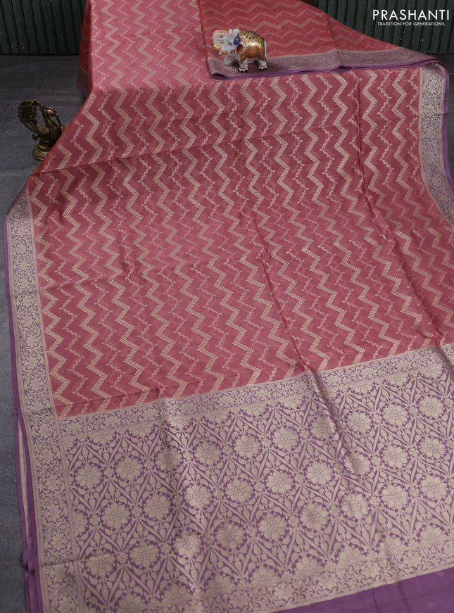 Banarasi silk cotton saree dark peach and pastel purple with allover thread & zari weaves and woven border