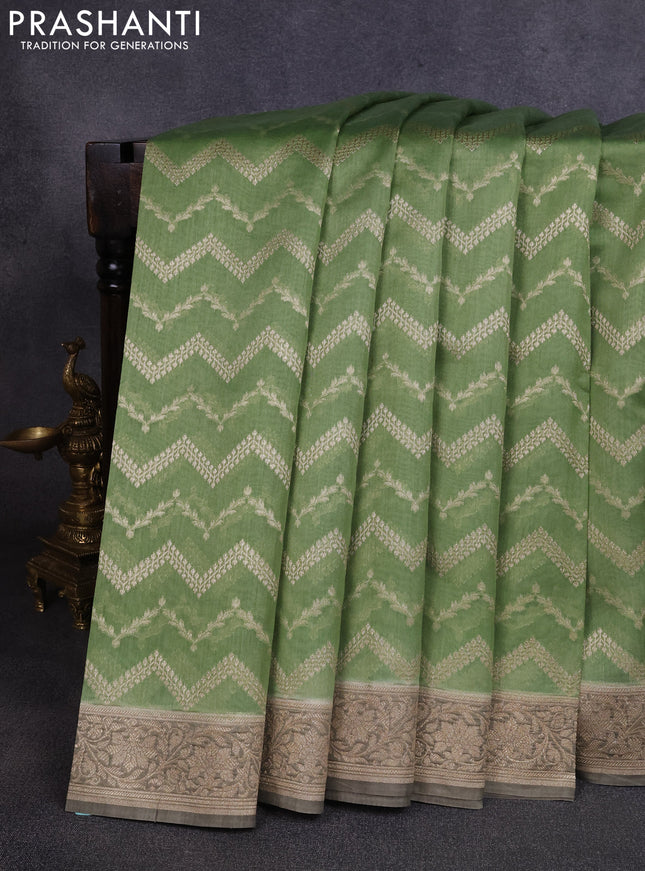 Banarasi silk cotton saree pastel green and grey shade with allover thread & zari weaves and woven border