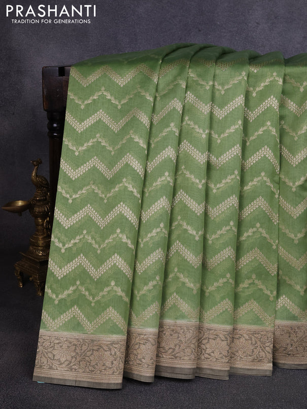 Banarasi silk cotton saree pastel green and grey shade with allover thread & zari weaves and woven border