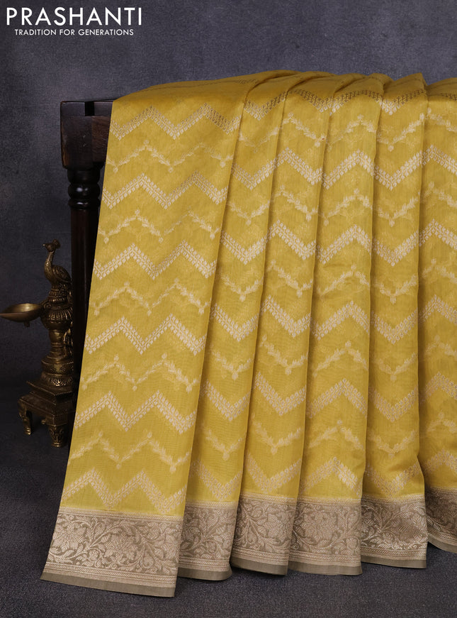 Banarasi silk cotton saree lime yellow and grey shade with allover thread & zari weaves and woven border