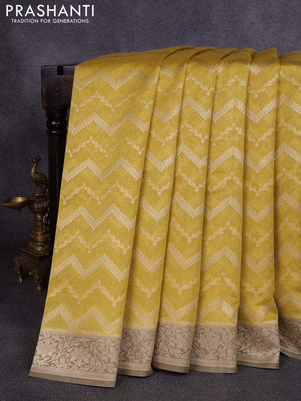 Banarasi silk cotton saree lime yellow and grey shade with allover thread & zari weaves and woven border