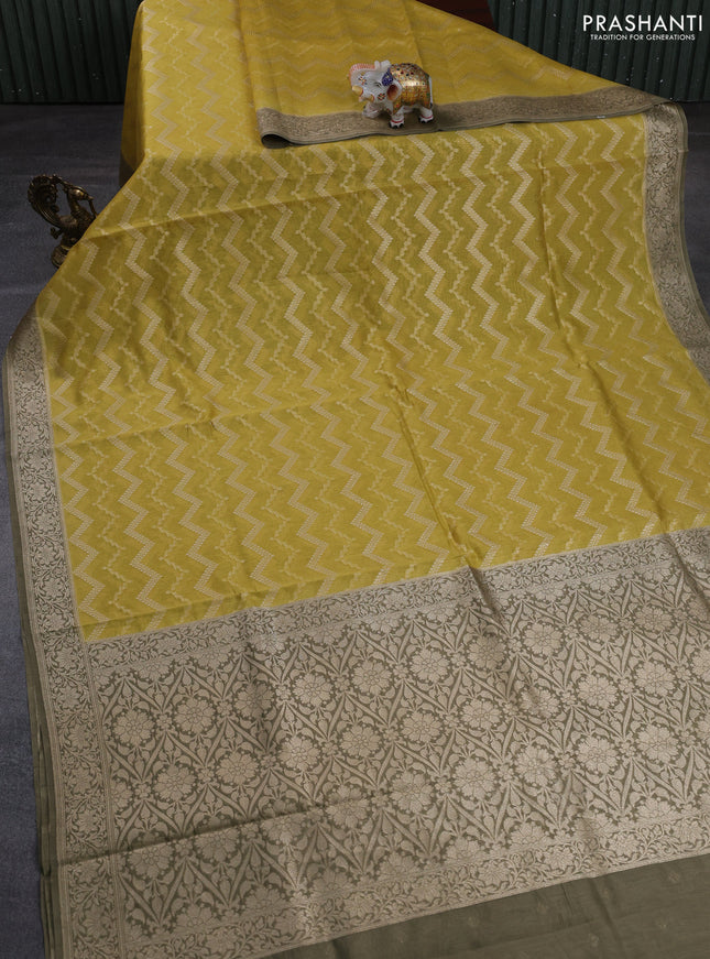 Banarasi silk cotton saree lime yellow and grey shade with allover thread & zari weaves and woven border