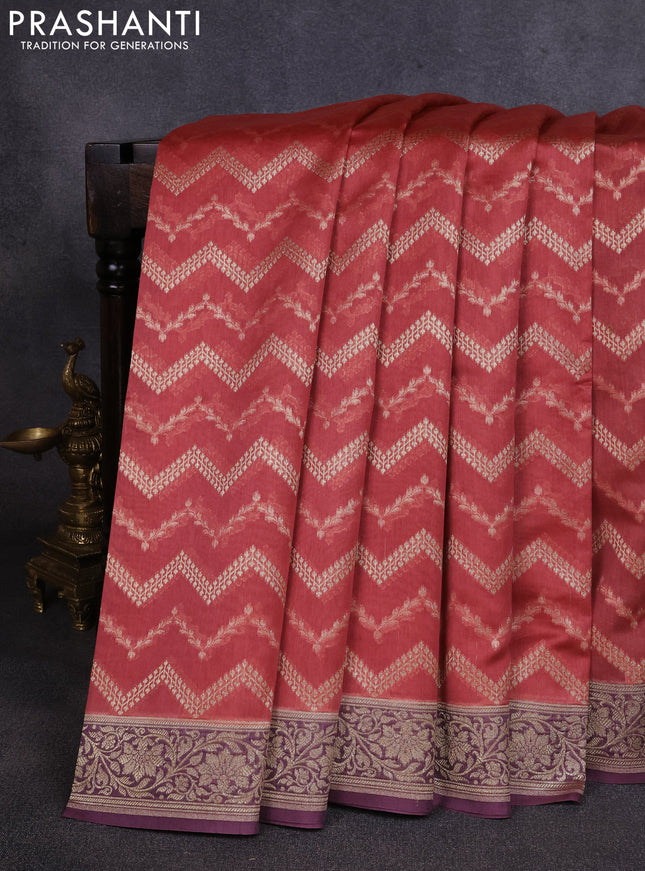 Banarasi silk cotton saree pastel maroon and purple with allover thread & zari weaves and woven border