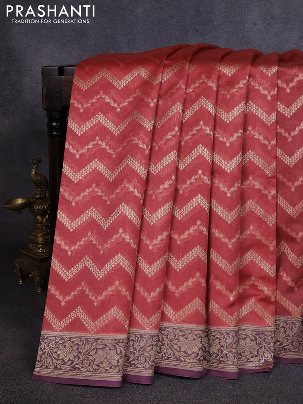 Banarasi silk cotton saree pastel maroon and purple with allover thread & zari weaves and woven border