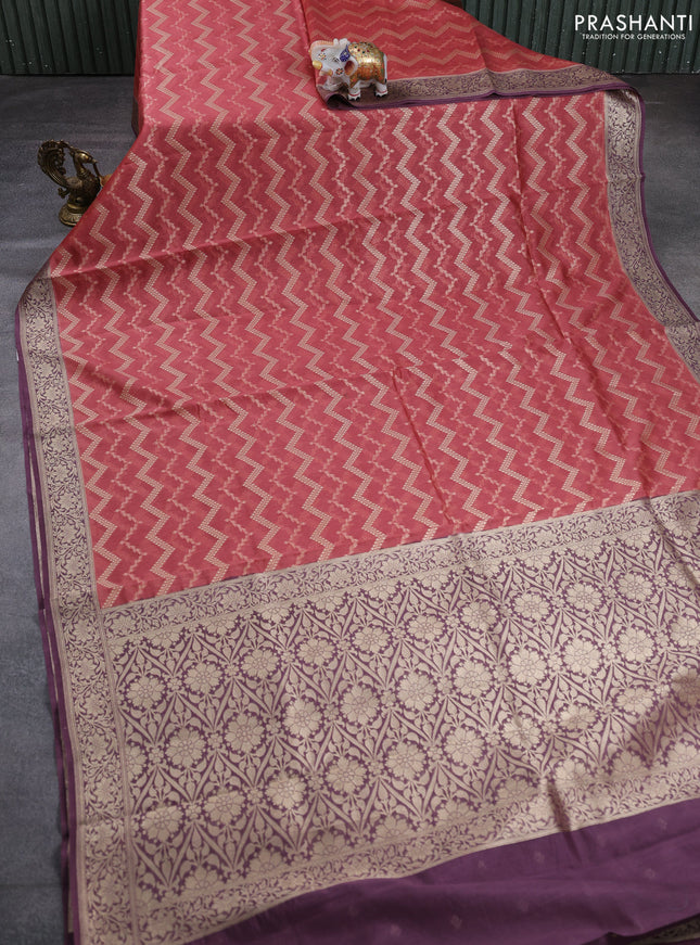 Banarasi silk cotton saree pastel maroon and purple with allover thread & zari weaves and woven border