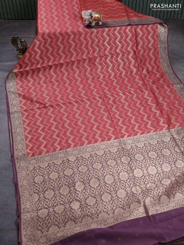 Banarasi silk cotton saree pastel maroon and purple with allover thread & zari weaves and woven border