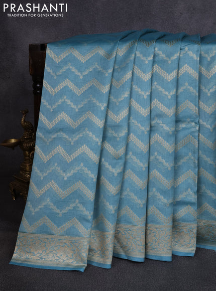 Banarasi silk cotton saree pastel blue with allover thread & zari weaves and woven border