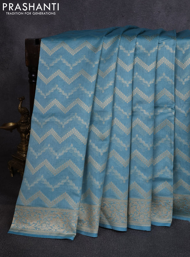 Banarasi silk cotton saree pastel blue with allover thread & zari weaves and woven border