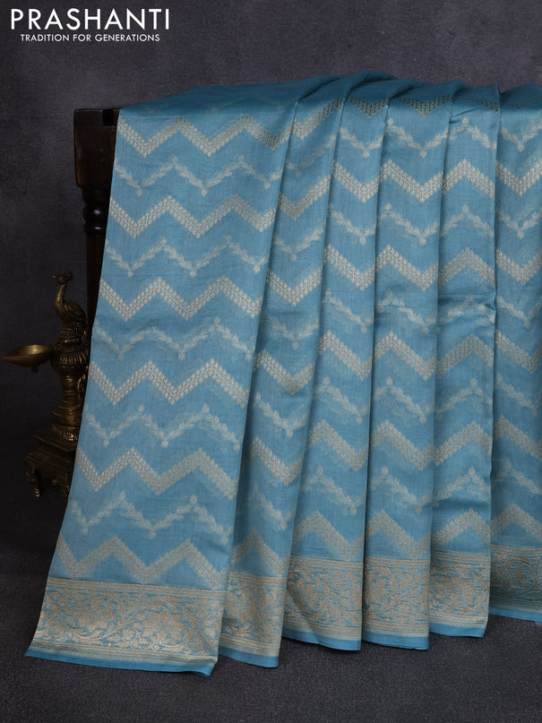 Banarasi silk cotton saree pastel blue with allover thread & zari weaves and woven border
