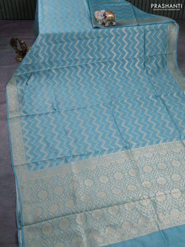 Banarasi silk cotton saree pastel blue with allover thread & zari weaves and woven border