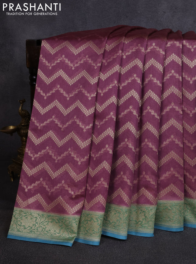 Banarasi silk cotton saree pastel purple and teal blue with allover thread & zari weaves and woven border