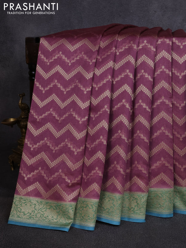 Banarasi silk cotton saree pastel purple and teal blue with allover thread & zari weaves and woven border