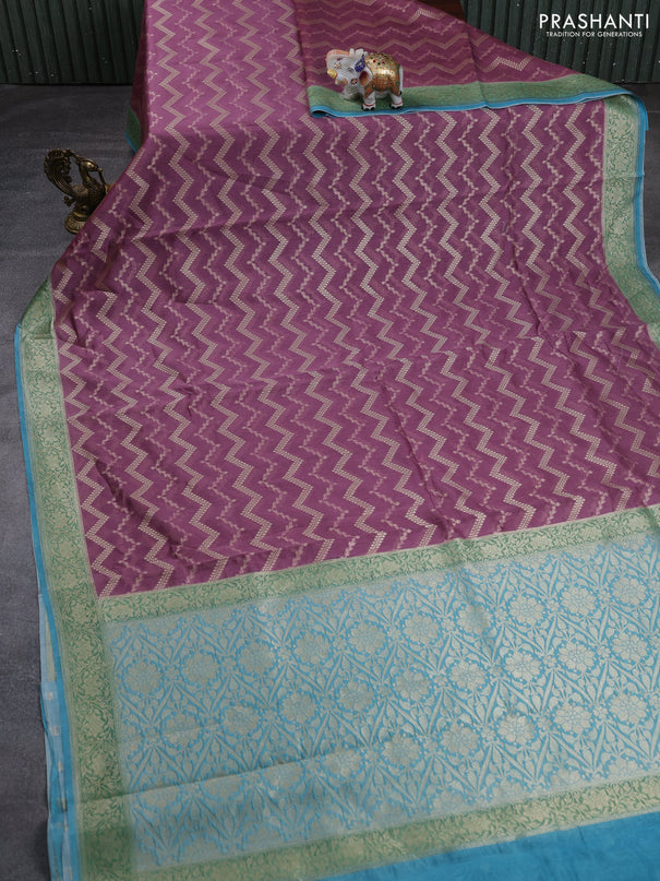 Banarasi silk cotton saree pastel purple and teal blue with allover thread & zari weaves and woven border
