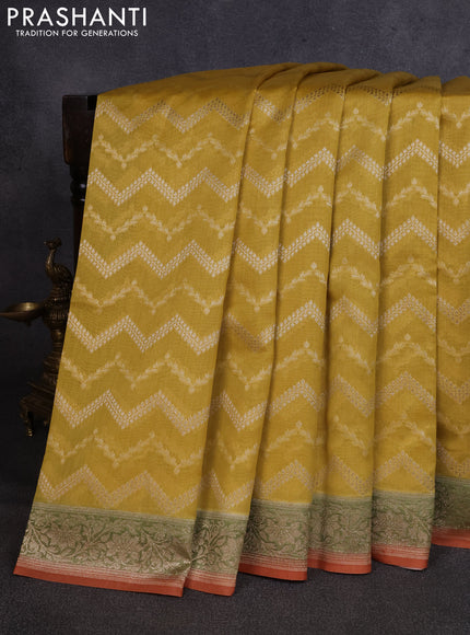 Banarasi silk cotton saree mustard yellow and rust shade with allover thread & zari weaves and woven border