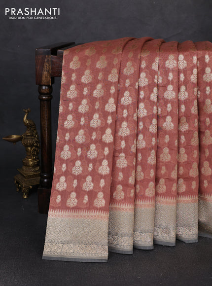 Banarasi silk cotton saree rust shade and grey with allover thread & zari woven buttas and woven border