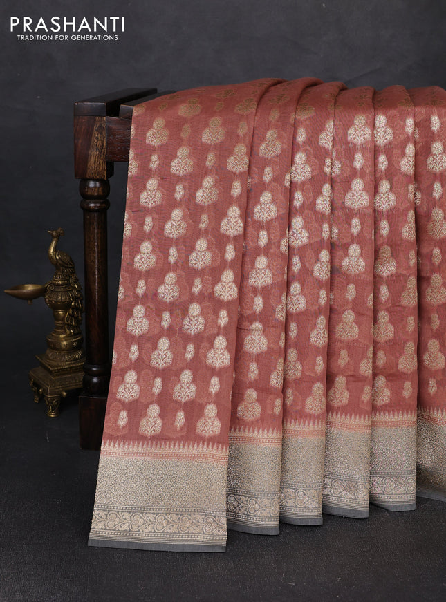 Banarasi silk cotton saree rust shade and grey with allover thread & zari woven buttas and woven border