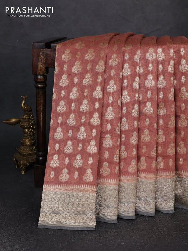 Banarasi silk cotton saree rust shade and grey with allover thread & zari woven buttas and woven border