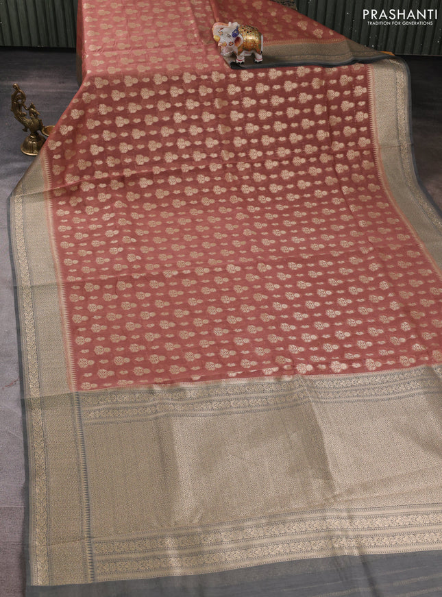 Banarasi silk cotton saree rust shade and grey with allover thread & zari woven buttas and woven border