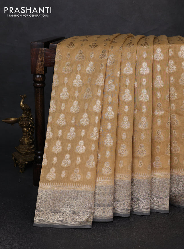 Banarasi silk cotton saree sandal and grey with allover thread & zari woven buttas and woven border