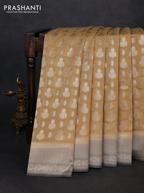 Banarasi silk cotton saree sandal and grey with allover thread & zari woven buttas and woven border