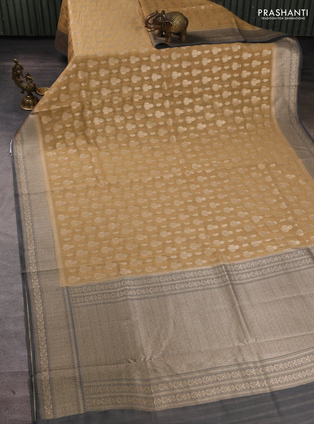 Banarasi silk cotton saree sandal and grey with allover thread & zari woven buttas and woven border