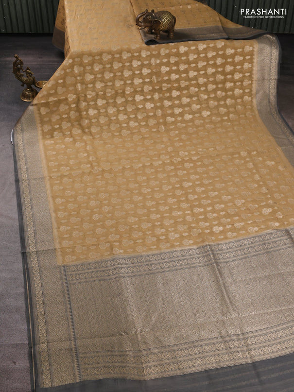 Banarasi silk cotton saree sandal and grey with allover thread & zari woven buttas and woven border