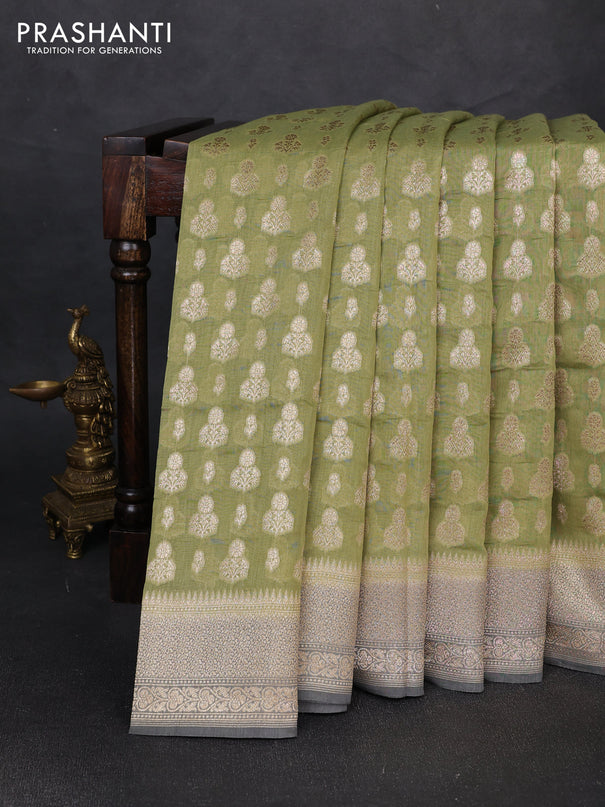 Banarasi silk cotton saree pista green and grey with allover thread & zari woven buttas and woven border