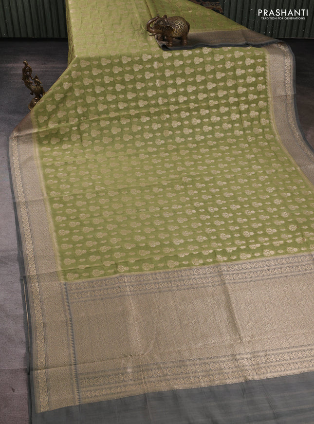 Banarasi silk cotton saree pista green and grey with allover thread & zari woven buttas and woven border