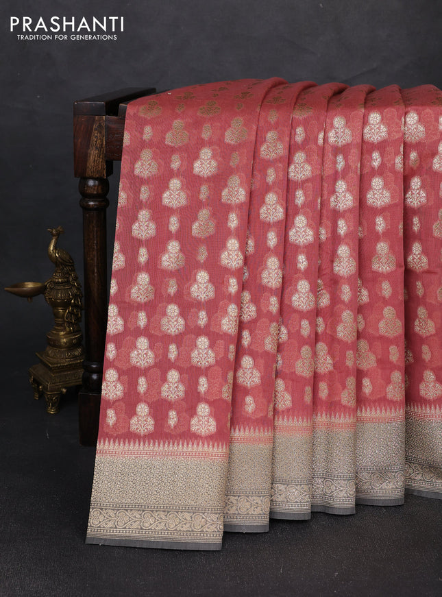 Banarasi silk cotton saree dark peach and grey with allover thread & zari woven buttas and woven border