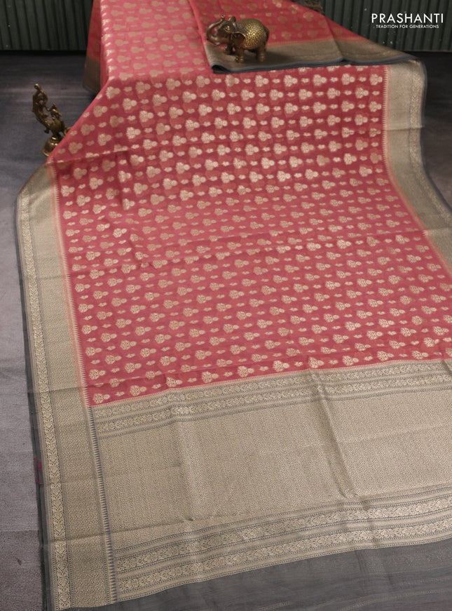 Banarasi silk cotton saree dark peach and grey with allover thread & zari woven buttas and woven border