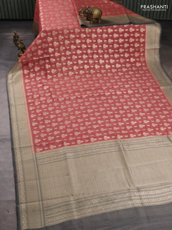 Banarasi silk cotton saree dark peach and grey with allover thread & zari woven buttas and woven border