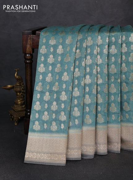 Banarasi silk cotton saree greyish blue and grey with allover thread & zari woven buttas and woven border