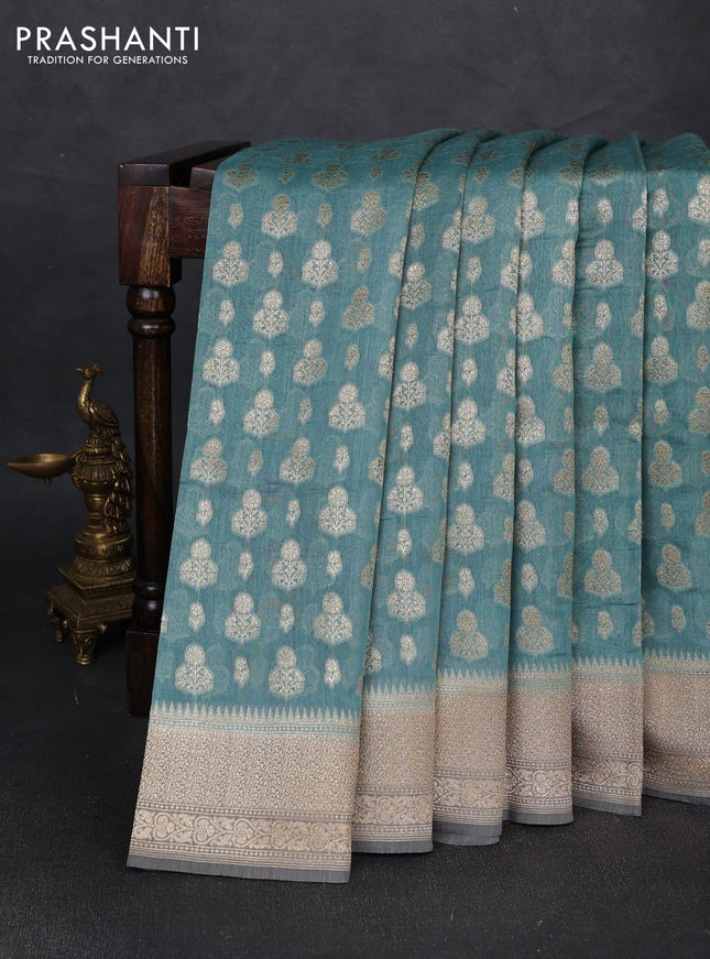 Banarasi silk cotton saree greyish blue and grey with allover thread & zari woven buttas and woven border