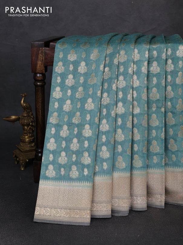 Banarasi silk cotton saree greyish blue and grey with allover thread & zari woven buttas and woven border