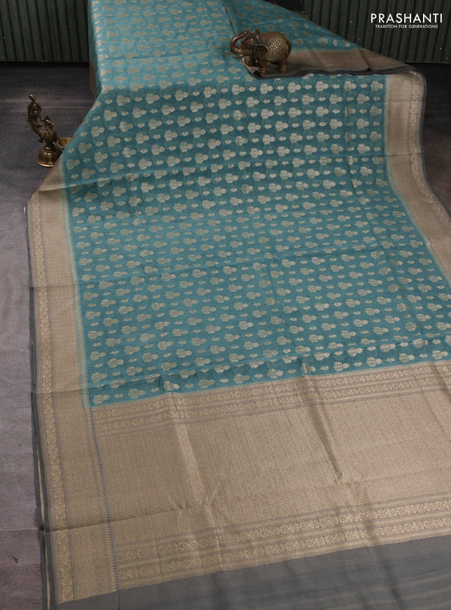 Banarasi silk cotton saree greyish blue and grey with allover thread & zari woven buttas and woven border