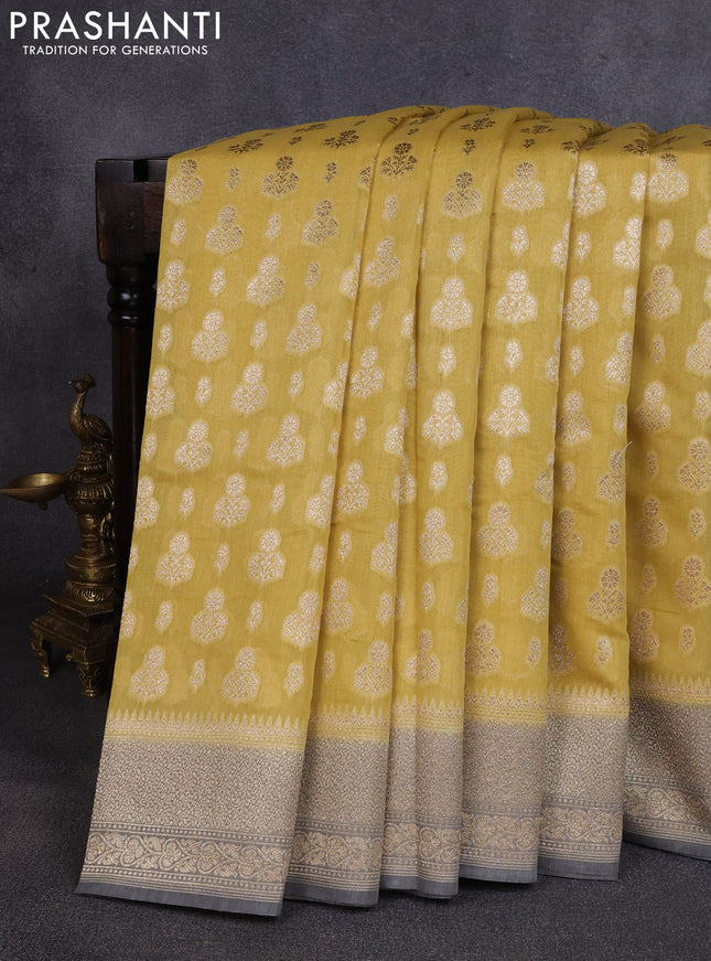 Banarasi silk cotton saree mustard yellow and grey with allover thread & zari woven buttas and woven border
