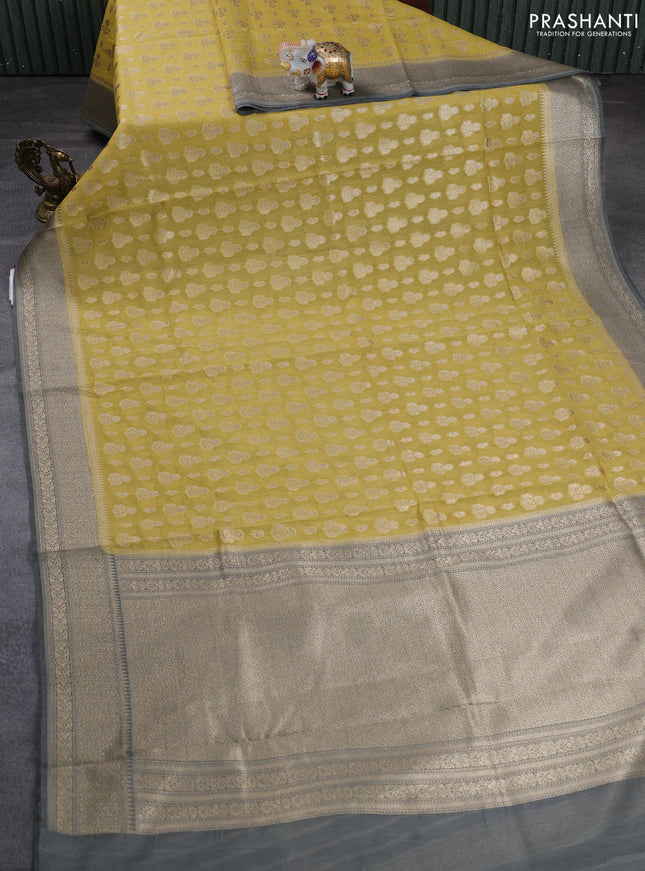 Banarasi silk cotton saree mustard yellow and grey with allover thread & zari woven buttas and woven border