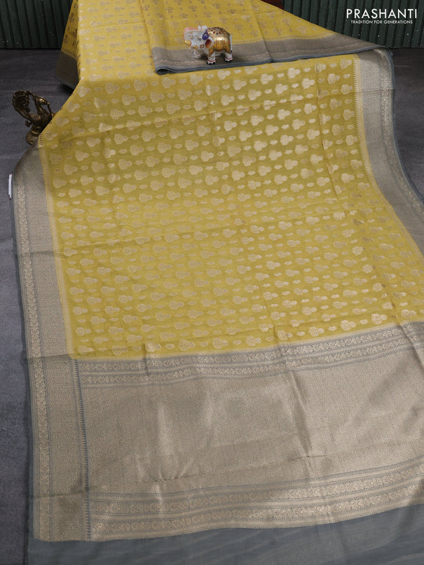 Banarasi silk cotton saree mustard yellow and grey with allover thread & zari woven buttas and woven border